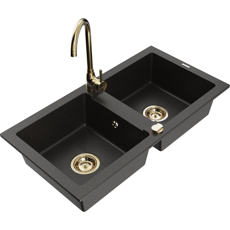 Mexen Mario granite double-bowl sink with Telma kitchen faucet, black/gold - 6504-75-670200-50