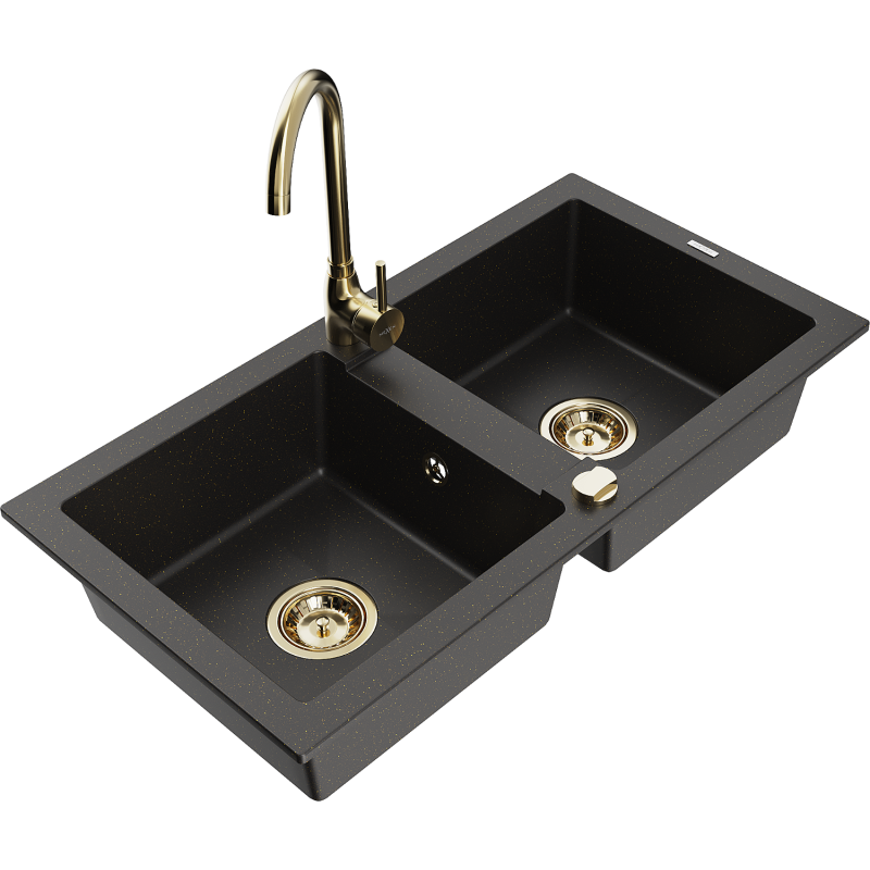 Mexen Mario Granite Sink 2-Chamber with Telma Kitchen Tap, Black/Gold - 6504-75-670200-50