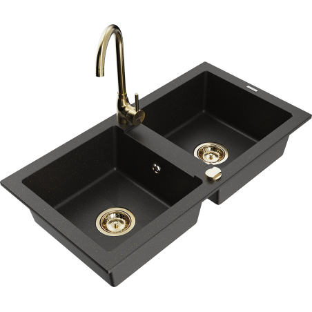 Mexen Mario granite double-bowl sink with Telma kitchen faucet, black/gold - 6504-75-670200-50