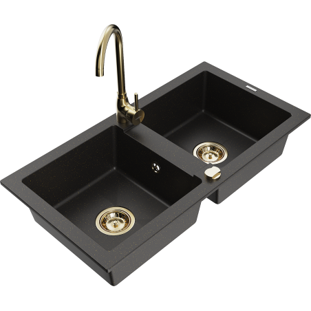 Mexen Mario Granite Sink 2-Chamber with Telma Kitchen Tap, Black/Gold - 6504-75-670200-50