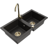 Mexen Mario granite double-bowl sink with Telma kitchen faucet, black/gold - 6504-75-670200-50