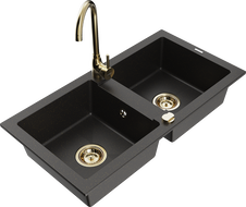 Mexen Mario granite double-bowl sink with Telma kitchen faucet, black/gold - 6504-75-670200-50