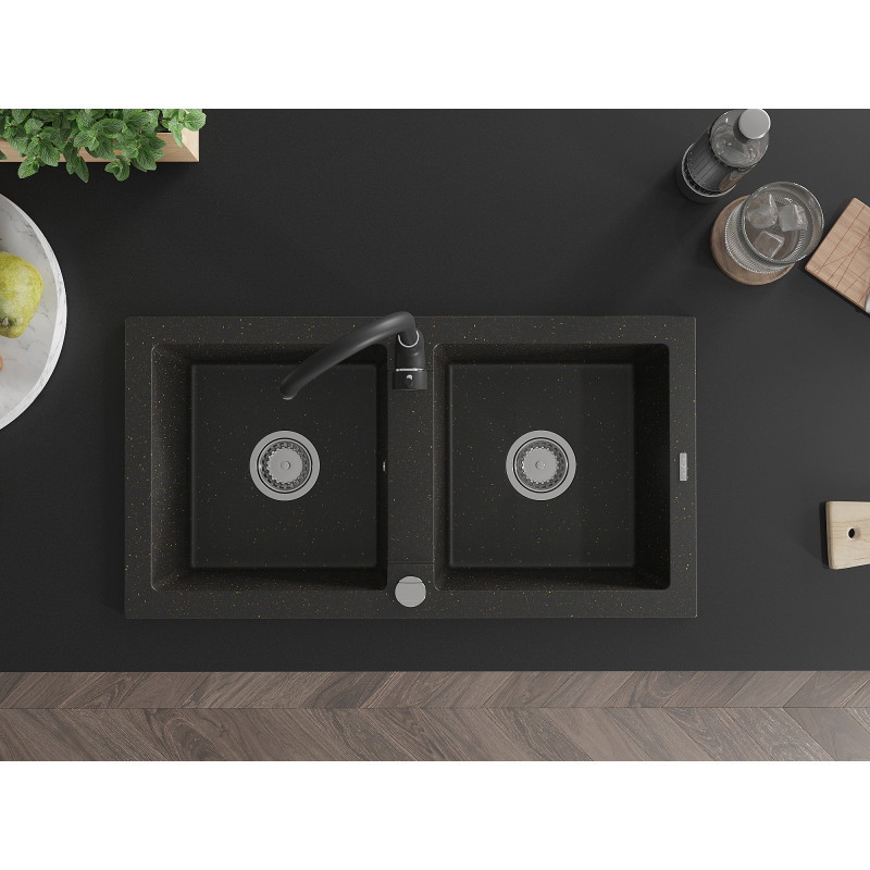 Mexen Mario granite sink 2-bowl with Telma kitchen faucet, black/gold - 6504-75-670200-70