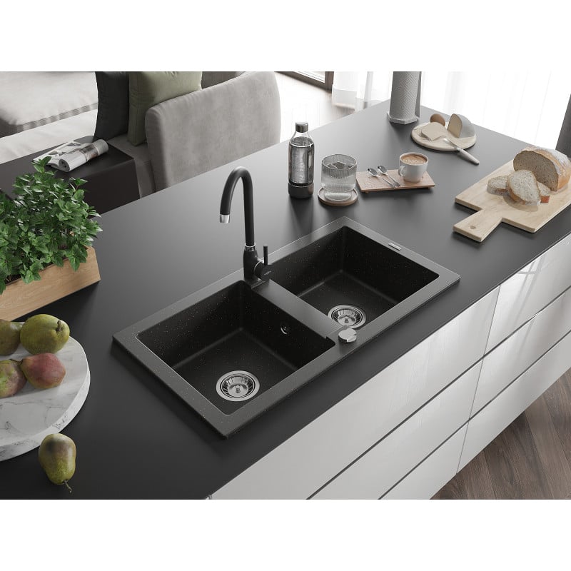 Mexen Mario granite sink 2-bowl with Telma kitchen faucet, black/gold - 6504-75-670200-70