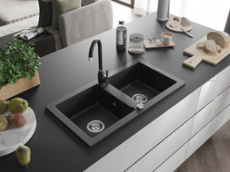 Mexen Mario granite sink 2-bowl with Telma kitchen faucet, black/gold - 6504-75-670200-70