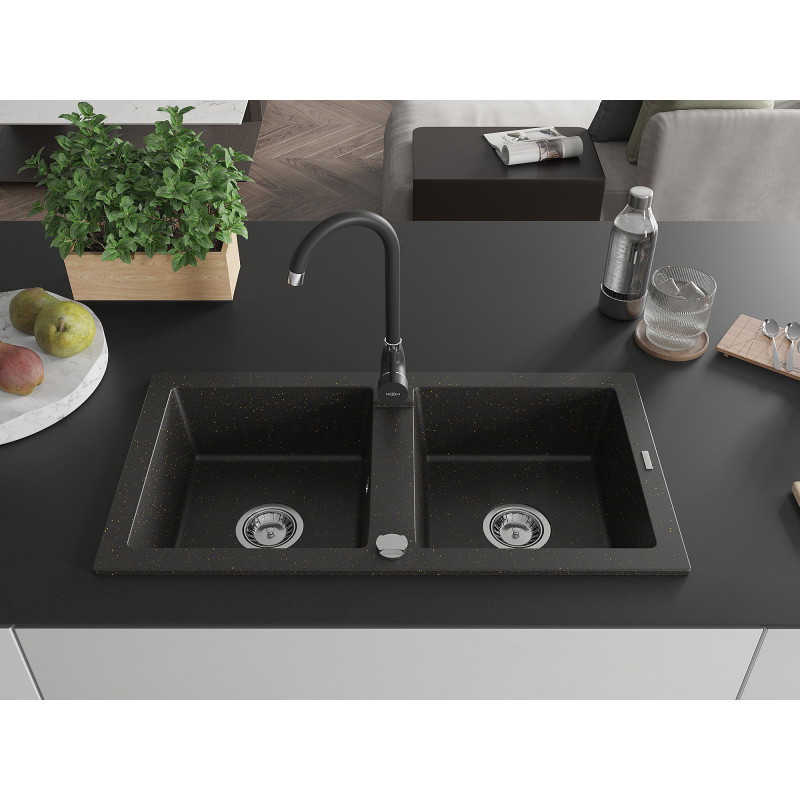 Mexen Mario granite sink 2-bowl with Telma kitchen faucet, black/gold - 6504-75-670200-70