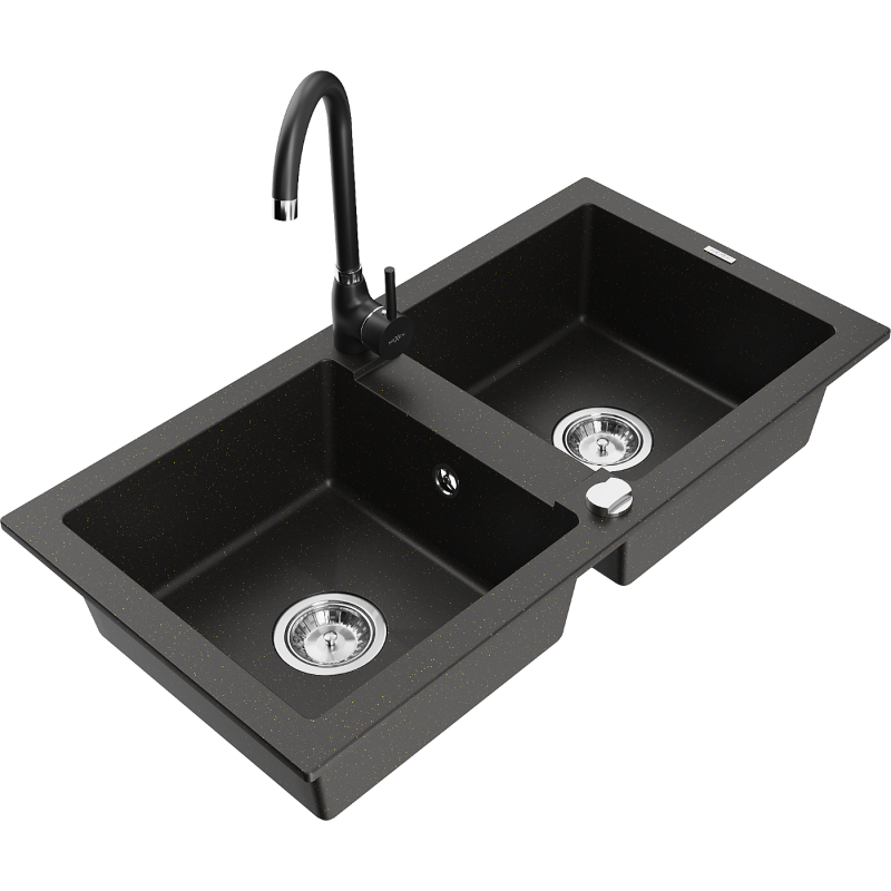 Mexen Mario granite sink 2-bowl with Telma kitchen faucet, black/gold - 6504-75-670200-70
