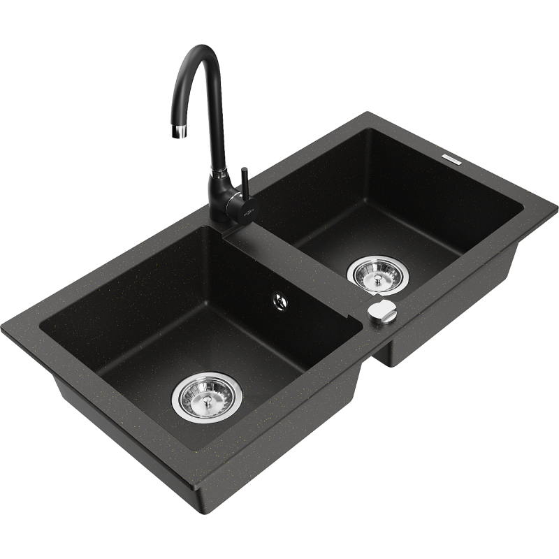 Mexen Mario granite sink 2-bowl with Telma kitchen tap, black/gold - 6504-75-670200-70