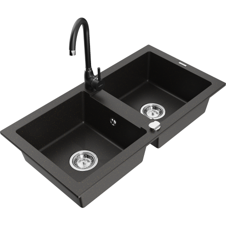 Mexen Mario granite sink 2-bowl with Telma kitchen tap, black/gold - 6504-75-670200-70