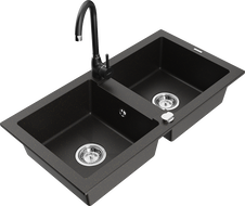 Mexen Mario granite sink 2-bowl with Telma kitchen faucet, black/gold - 6504-75-670200-70