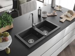 Mexen Mario granite double-basin sink with Telma kitchen faucet, speckled black - 6504-76-670200-00