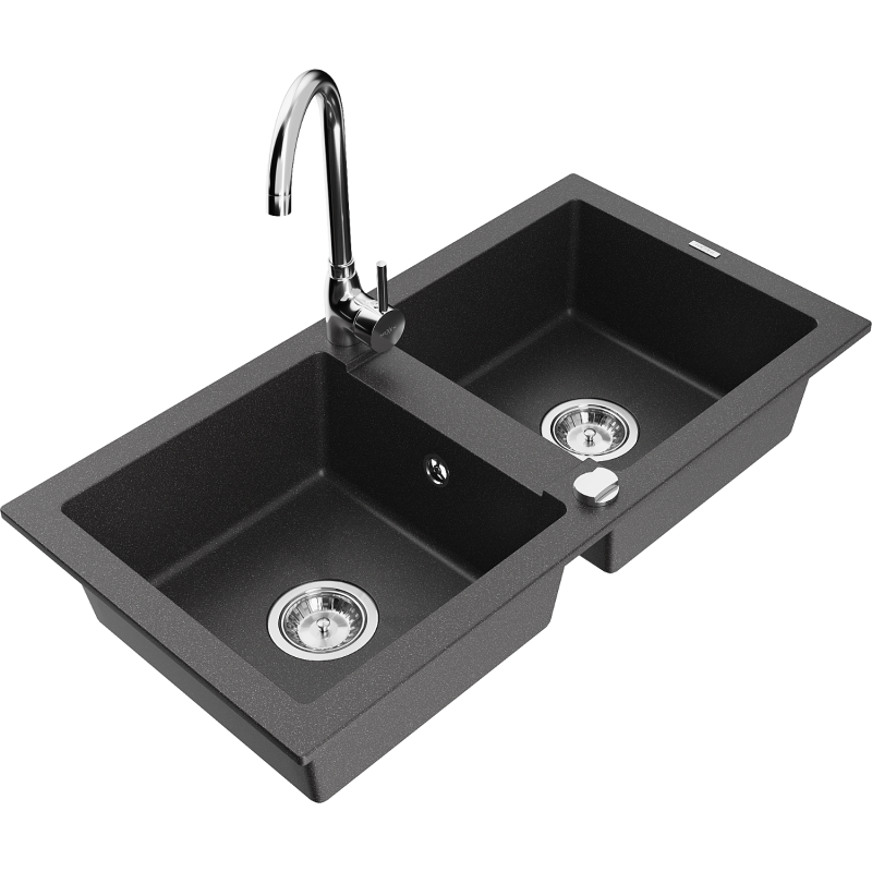 Mexen Mario granite double-basin sink with Telma kitchen faucet, speckled black - 6504-76-670200-00