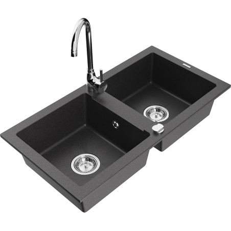 Mexen Mario granite double-basin sink with Telma kitchen faucet, speckled black - 6504-76-670200-00