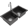 Mexen Mario granite double-basin sink with Telma kitchen faucet, speckled black - 6504-76-670200-00