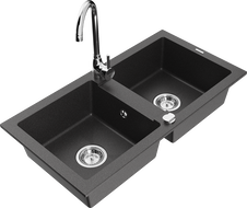 Mexen Mario granite double-basin sink with Telma kitchen faucet, speckled black - 6504-76-670200-00