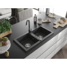 Mexen Mario granite double-bowl sink with Telma kitchen faucet, black speckled - 6504-76-670200-76