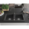 Mexen Mario granite double-bowl sink with Telma kitchen faucet, black speckled - 6504-76-670200-76