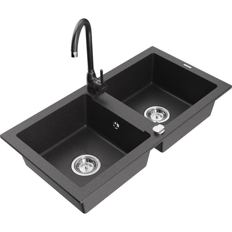 Mexen Mario granite double-bowl sink with Telma kitchen faucet, black speckled - 6504-76-670200-76