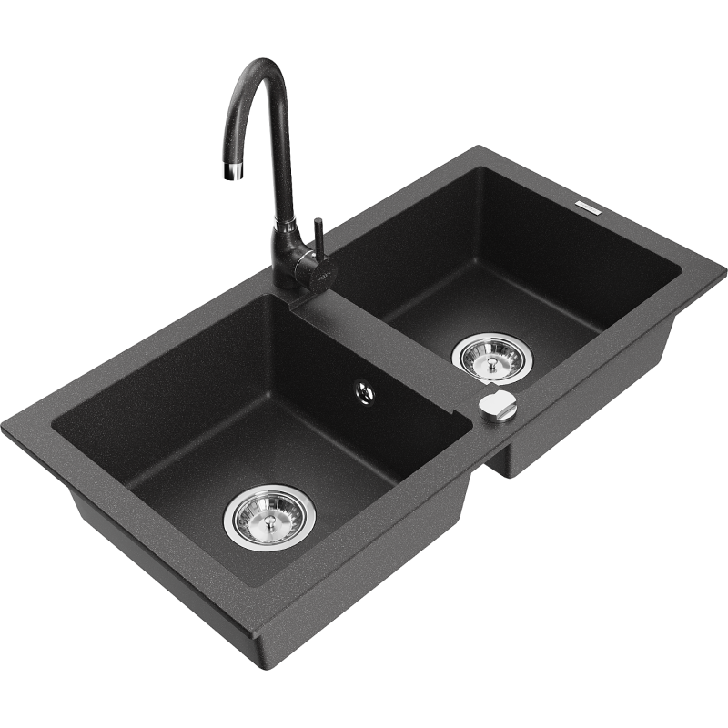 Mexen Mario granite sink 2-bowl with Telma kitchen tap, black speckled - 6504-76-670200-76