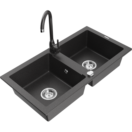 Mexen Mario granite double-bowl sink with Telma kitchen faucet, black speckled - 6504-76-670200-76