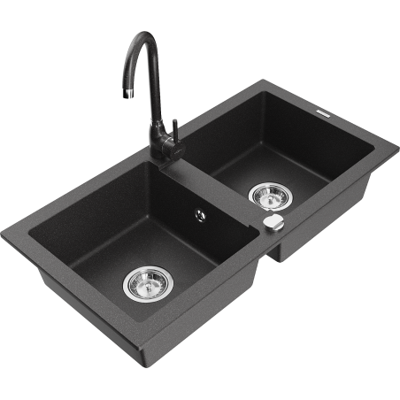 Mexen Mario granite sink 2-bowl with Telma kitchen tap, black speckled - 6504-76-670200-76