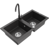 Mexen Mario granite sink 2-bowl with Telma kitchen tap, black speckled - 6504-76-670200-76