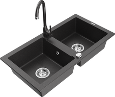 Mexen Mario granite double-bowl sink with Telma kitchen faucet, black speckled - 6504-76-670200-76