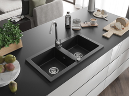 Mexen Mario Telma Double-Basin Granite Sink with Kitchen Faucet, Black - 6504-77-670200-00