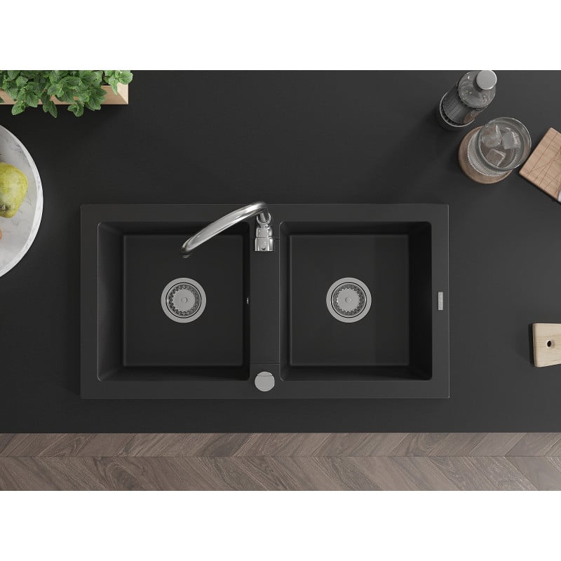 Mexen Mario granite sink 2-bowl with Telma kitchen tap, black - 6504-77-670200-00