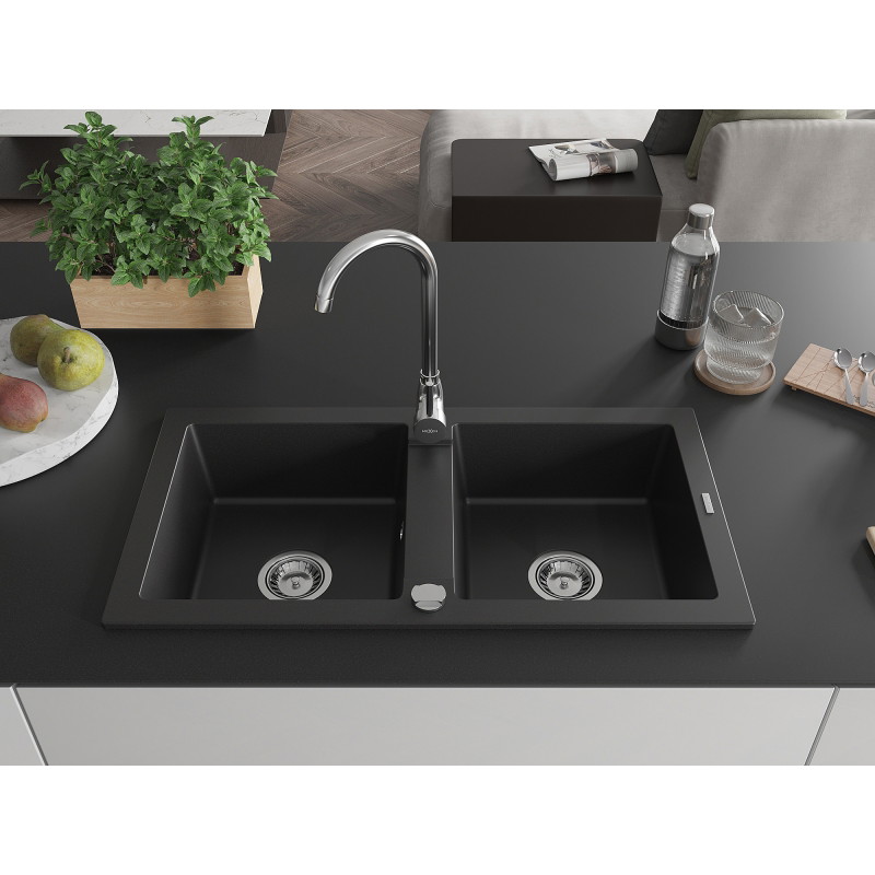 Mexen Mario Telma Double-Basin Granite Sink with Kitchen Faucet, Black - 6504-77-670200-00