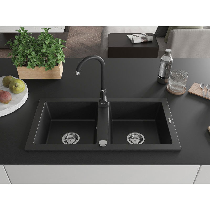 Mexen Mario granite sink 2-chamber with Telma kitchen tap, black - 6504-77-670200-70