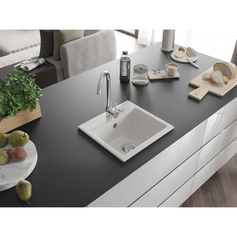 Mexen Milo Granite Sink 1-Bowl with Telma Kitchen Tap, White - 6505-20-670200-00