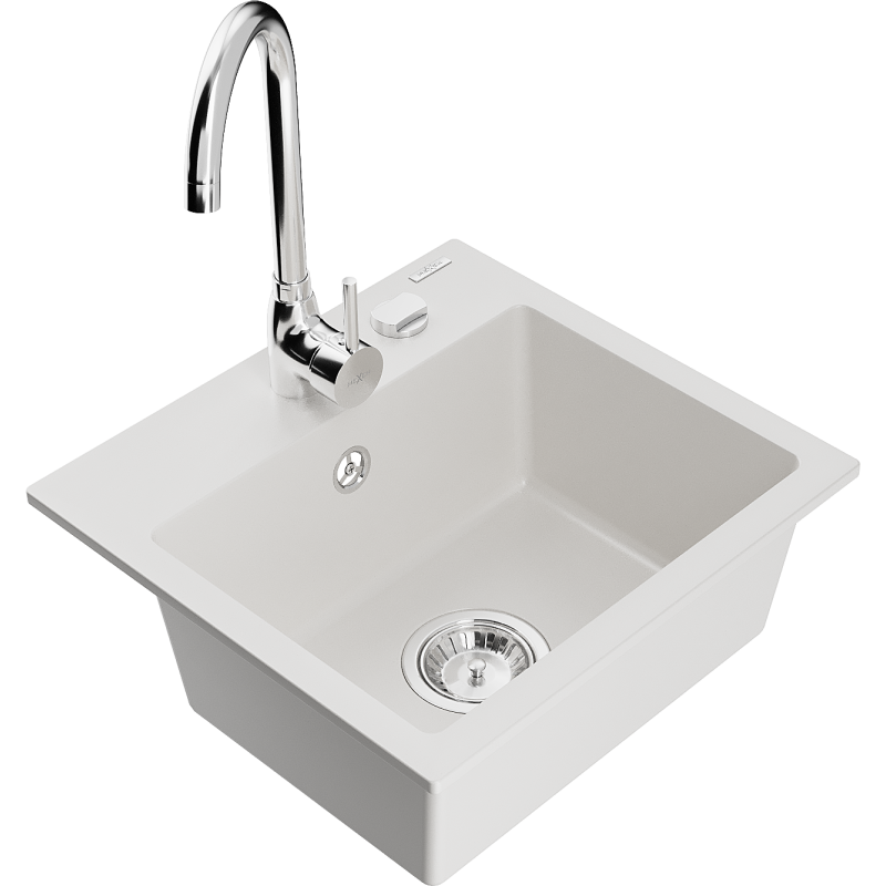 Mexen Milo granite kitchen sink single-bowl with Telma kitchen faucet, white - 6505-20-670200-00