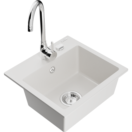 Mexen Milo 1-compartment granite sink with kitchen mixer tap Telma, White - 6505-20-670200-00