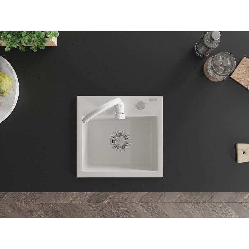 Mexen Milo 1-bowl granite sink with Telma kitchen faucet, white - 6505-20-670200-20