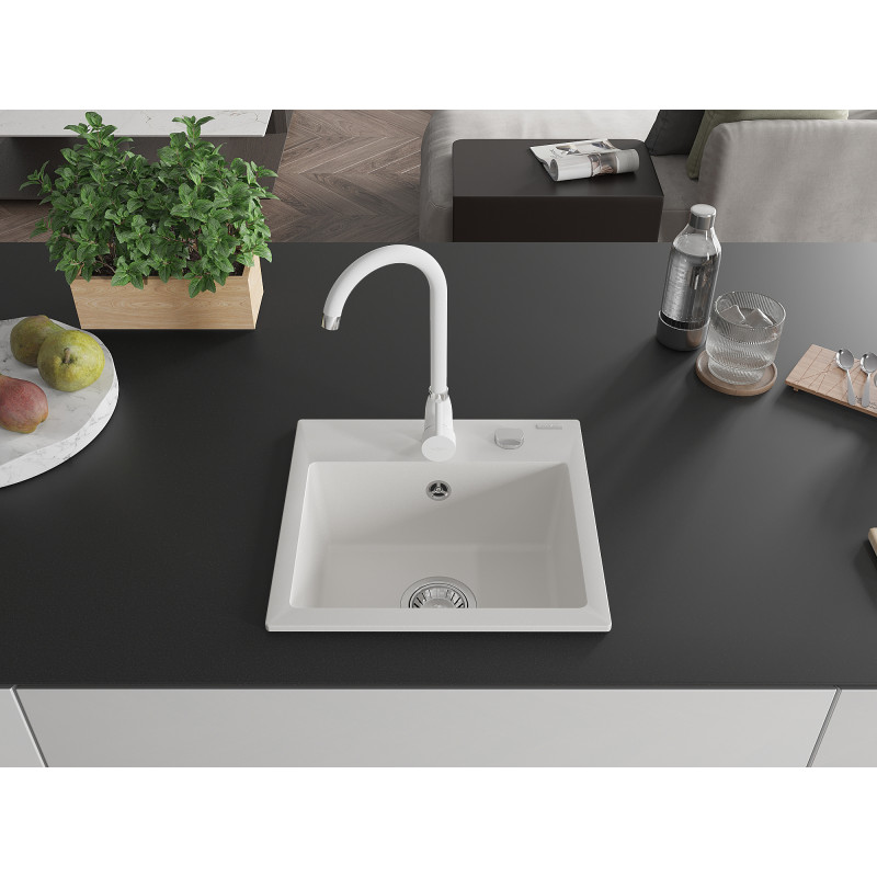 Mexen Milo 1-bowl granite sink with Telma kitchen faucet, white - 6505-20-670200-20