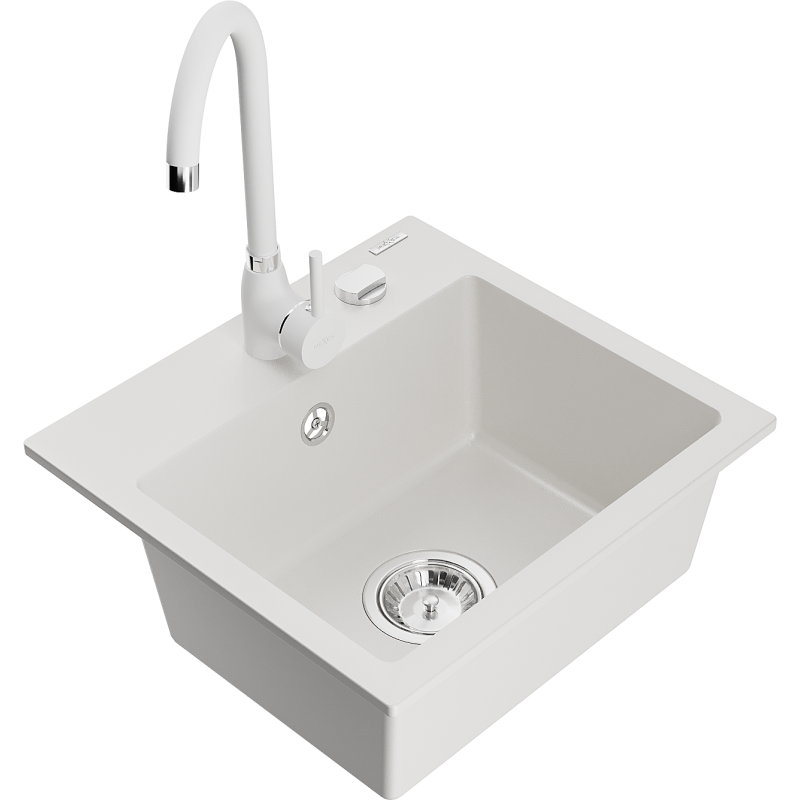 Mexen Milo 1-bowl granite sink with Telma kitchen faucet, white - 6505-20-670200-20