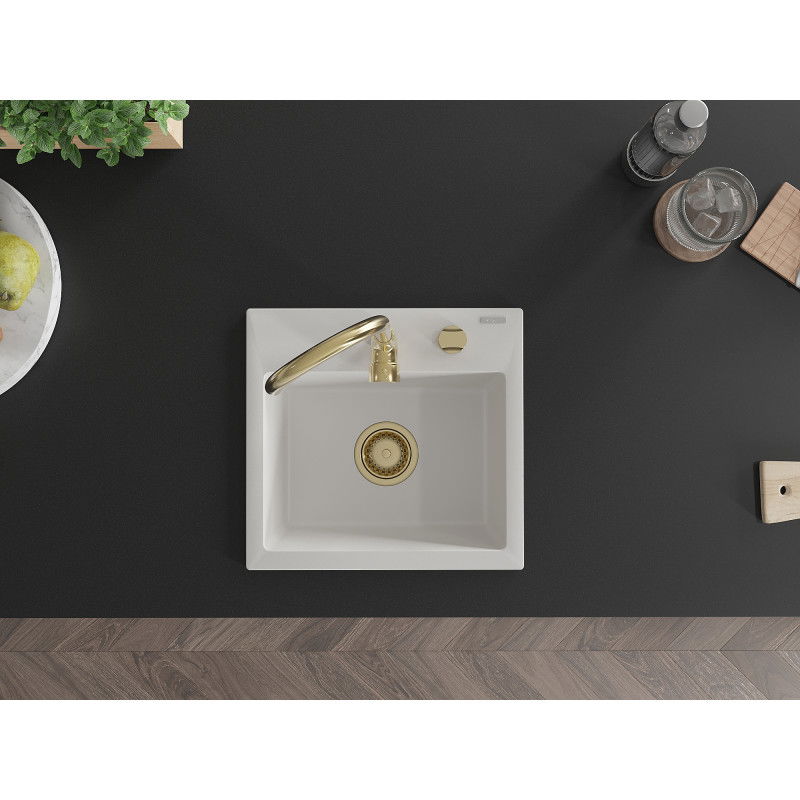 Mexen Milo 1-bowl granite sink with Telma kitchen tap, white - 6505-20-670200-50