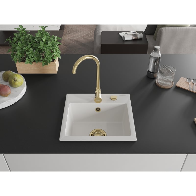 Mexen Milo 1-bowl granite sink with Telma kitchen faucet, white - 6505-20-670200-50
