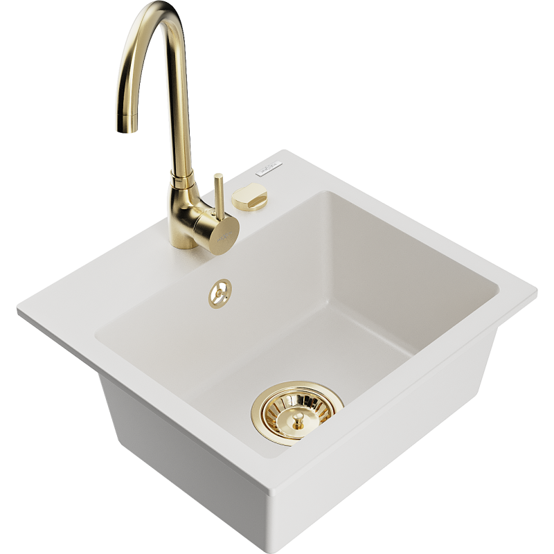 Mexen Milo 1-bowl granite sink with Telma kitchen tap, white - 6505-20-670200-50