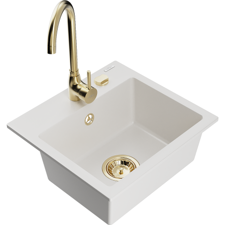 Mexen Milo 1-bowl granite sink with Telma kitchen tap, white - 6505-20-670200-50