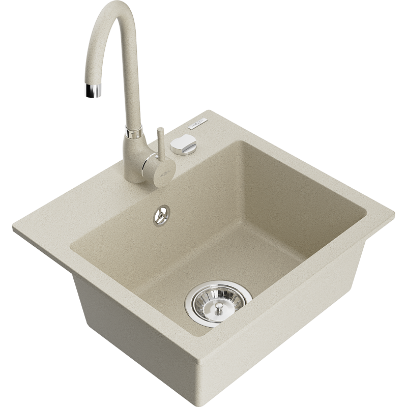 Mexen Milo granite sink 1-bowl with Telma kitchen mixer tap, beige - 6505-69-670200-69