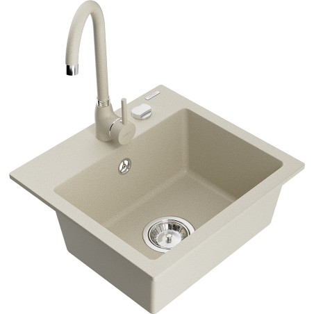 Mexen Milo 1-compartment granite sink with kitchen mixer tap Telma, Beige - 6505-69-670200-69