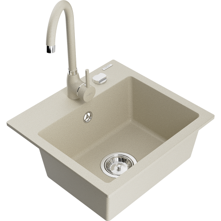 Mexen Milo granite sink 1-bowl with Telma kitchen mixer tap, beige - 6505-69-670200-69