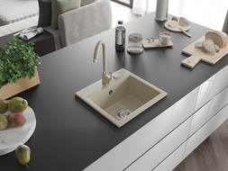 Mexen Milo 1-compartment granite sink with kitchen mixer tap Telma, Beige - 6505-69-670200-69