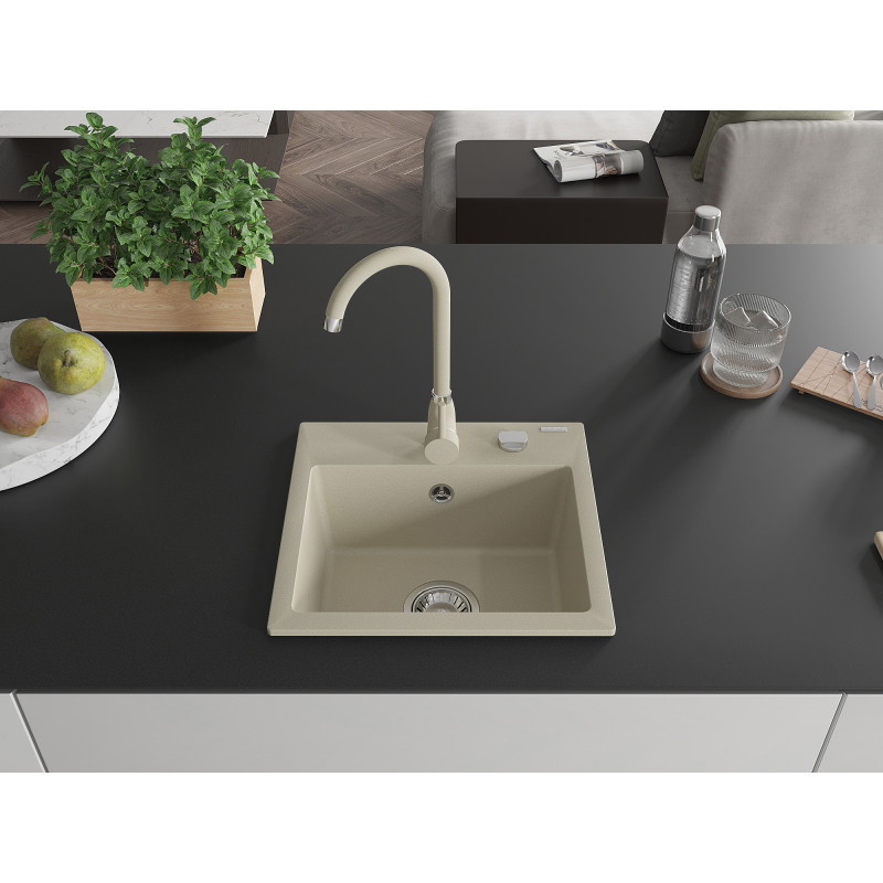 Mexen Milo 1-bowl granite sink with Telma kitchen faucet, beige - 6505-69-670200-69