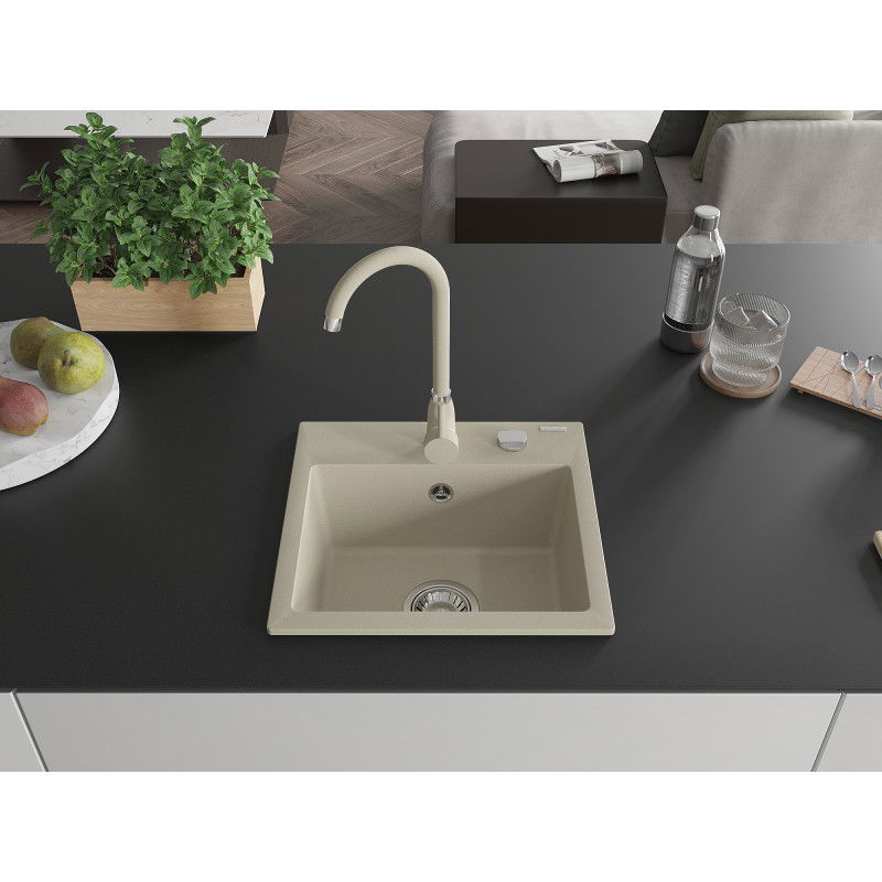 Mexen Milo granite sink 1-bowl with Telma kitchen mixer tap, beige - 6505-69-670200-69