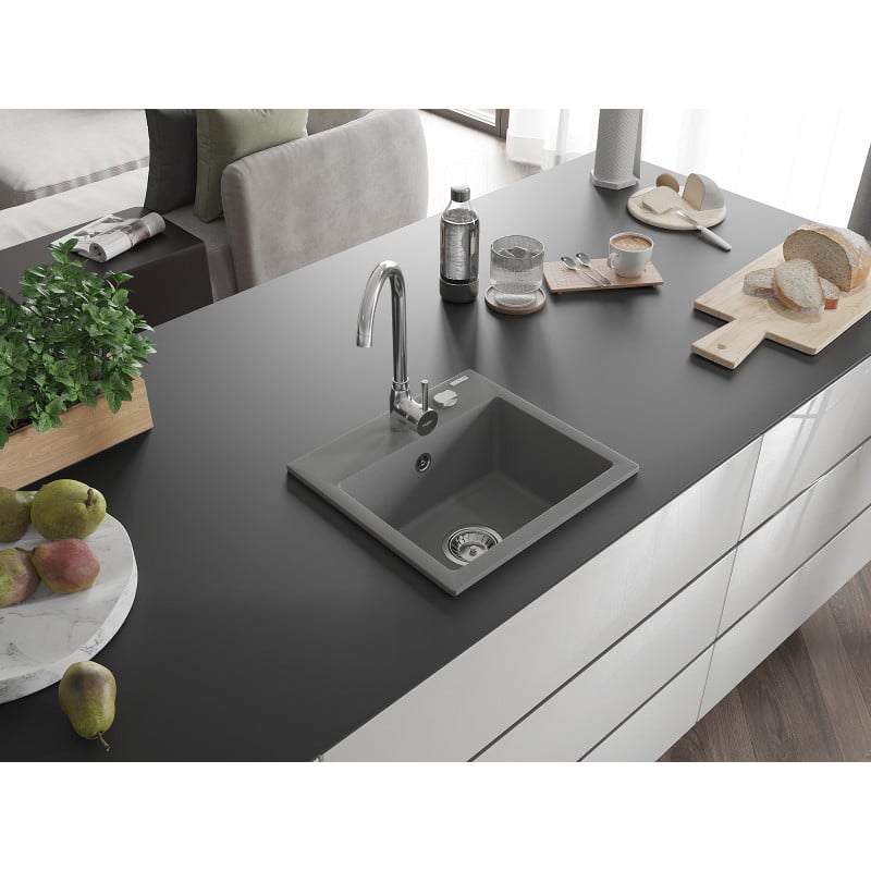 Mexen Milo granite kitchen sink with 1-bowl and Telma kitchen faucet, gray - 6505-71-670200-00