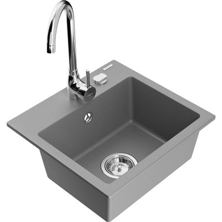 Mexen Milo granite kitchen sink 1-bowl with Telma kitchen tap, grey - 6505-71-670200-00