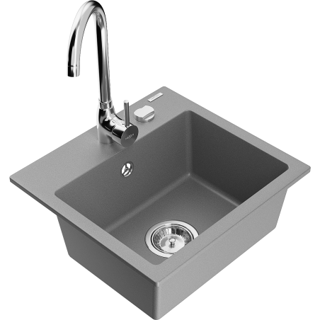 Mexen Milo granite kitchen sink with 1-bowl and Telma kitchen faucet, gray - 6505-71-670200-00